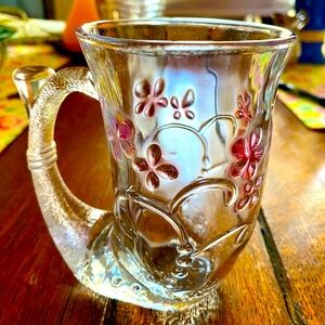 Vintage Pressed Glass Floral Mug,1970s. Hand blown, colored floral design. EUC.